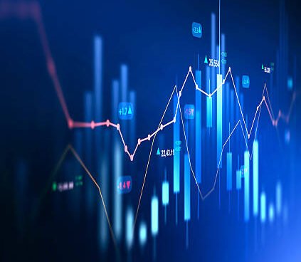 Vertical Stock market investment data and analysis finance graph. Business financial chart with moving up arrow graph.Financial data charts with glowing stock market graphs